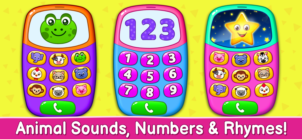 Baby Games: Piano, Baby Phone - Three colorful toy phone interfaces for toddlers showing animal sounds, numbers, and rhymes.