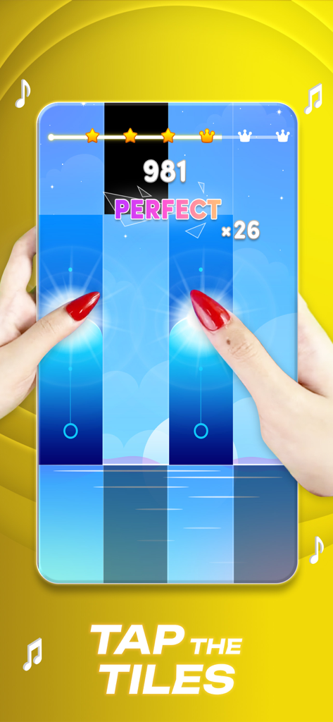 Piano 7: Tiles Music Games - Gameplay de Piano 7 montrant des mains tapant sur des tuiles musicales bleues sur un écran de smartphone.