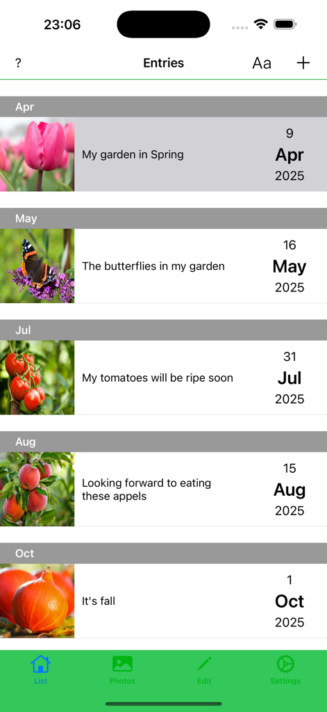My garden year - A chronological list of gardening journal entries showing photos and notes organized by month from spring to autumn.