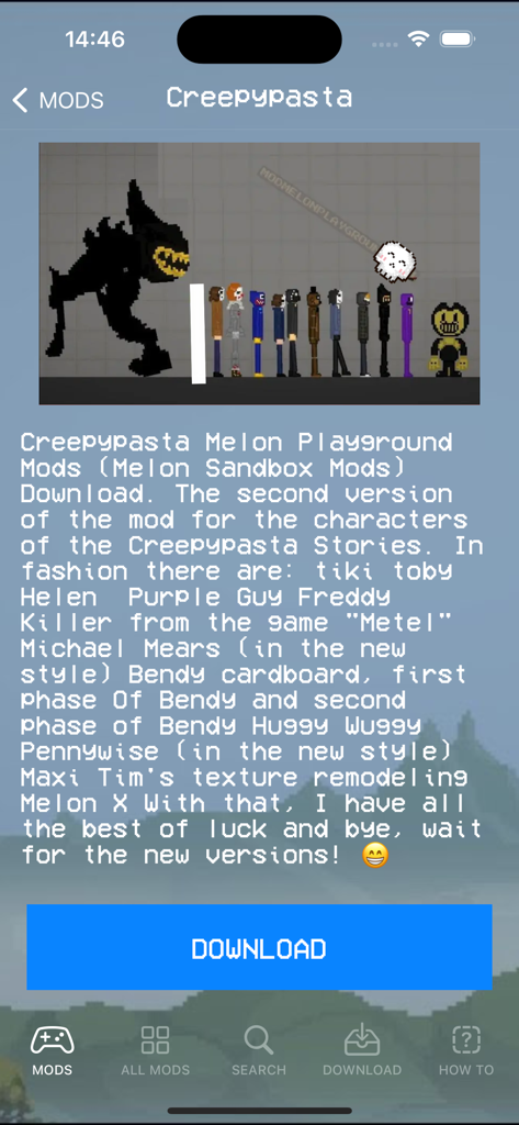 Creepypasta characters mod for Melon Sandbox game featuring Bendy and Huggy Wuggy