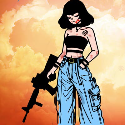 a dangerous girlcrop top and baggy jeans with a rifle in her hand