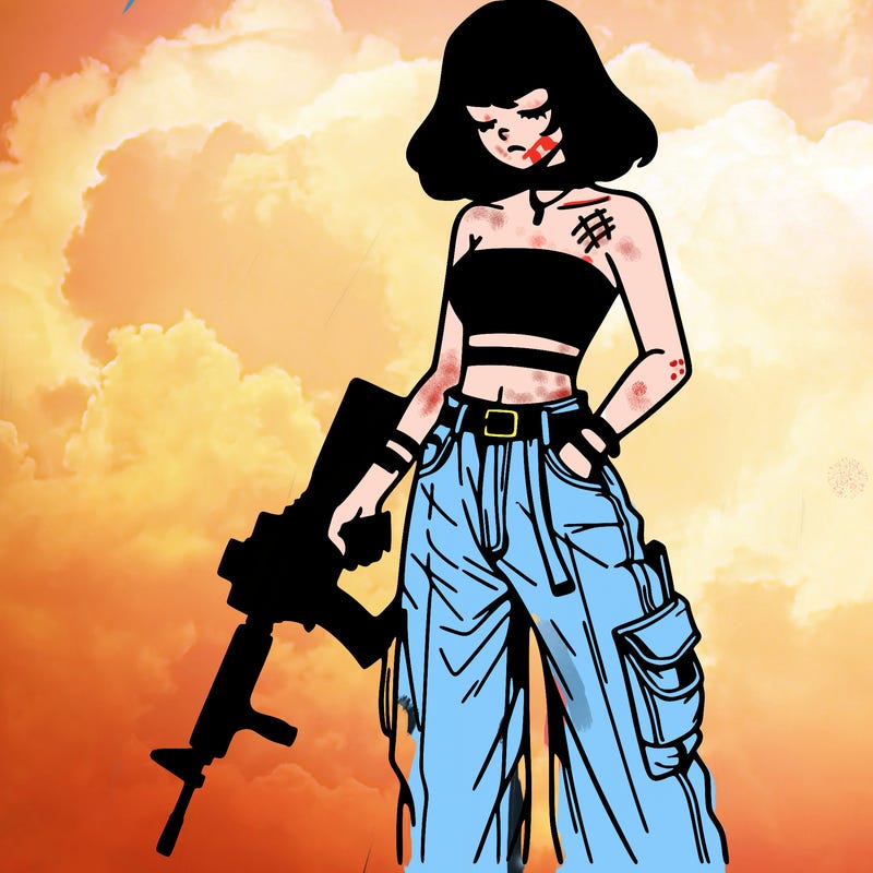 a dangerous girlcrop top and baggy jeans with a rifle in her hand