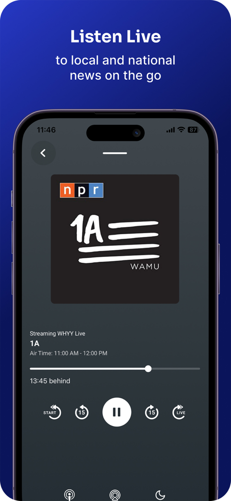The WHYY Listen app interface showing a live broadcast of an NPR news program with playback controls.