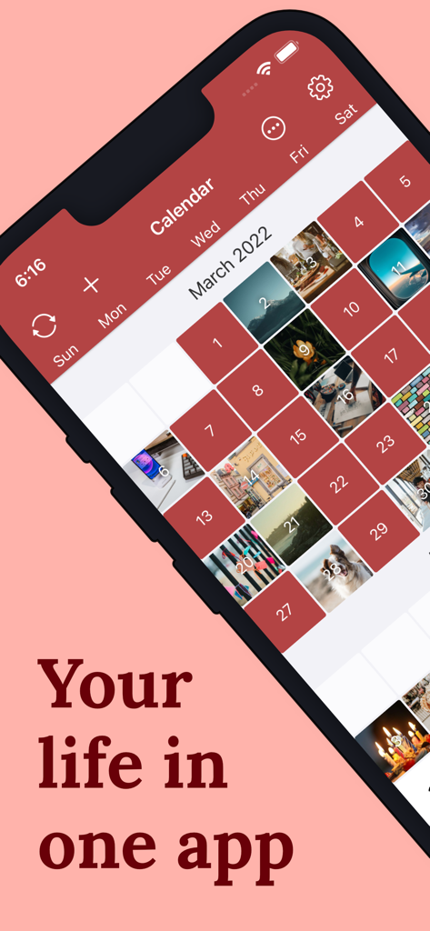 Diarium Journal: Private Diary - Smartphone screen showing the Diarium Journal app calendar interface with photos integrated into daily entries