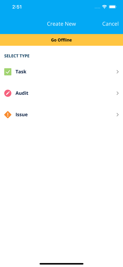 The Lighthouse.io app menu for creating a new task audit or issue report