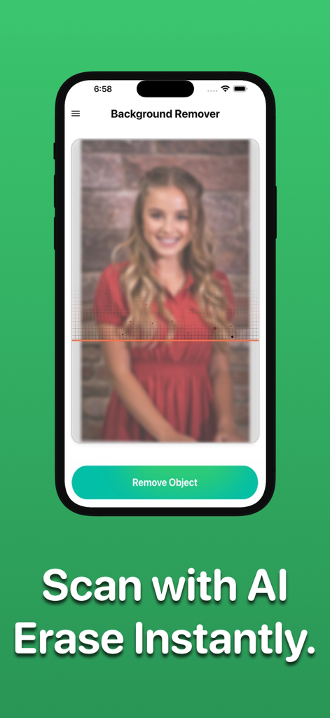 Erase Objects: Remove People - iPhone interface of Erase Objects app showing an AI scan line over a portrait to remove background elements