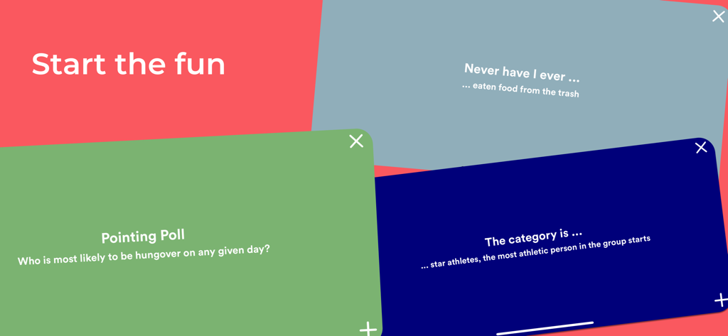 Blur – The Social Party Game - Interface cards from the Blur app featuring game modes like Never Have I Ever and Pointing Poll