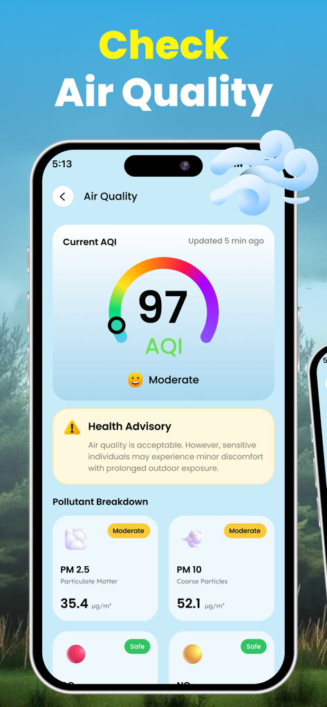 Thermometer: Room Temperature - Smartphone-Bildschirm mit Anzeige der Luftqualitätsindex-Verfolgung mit aktuellem AQI-Wert und Gesundheitshinweisen