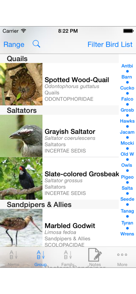Panama Birds Field Guide - パナマの鳥の種の名前と写真が表示されたモバイルアプリの画面。