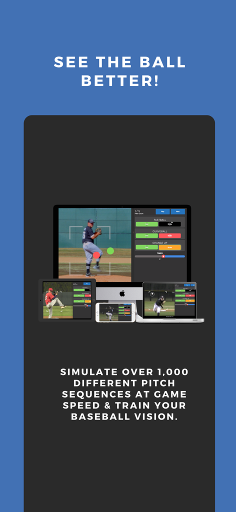 AppliedVisionBaseball app interface displayed on multiple Apple devices showing pitch recognition training