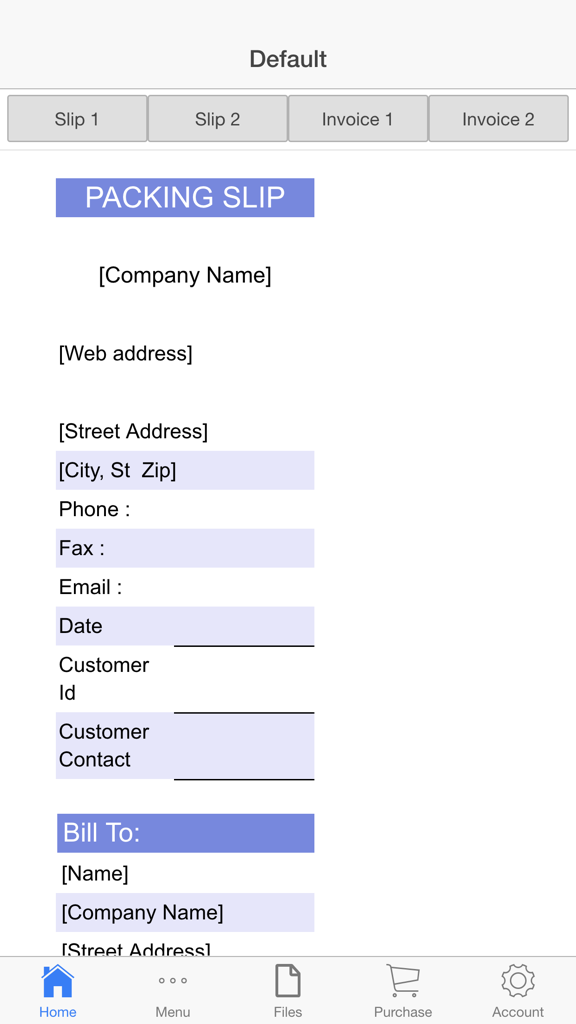 Packing Slip - Interface of the Packing Slip app showing a digital form for creating business packing slips with company and customer data fields