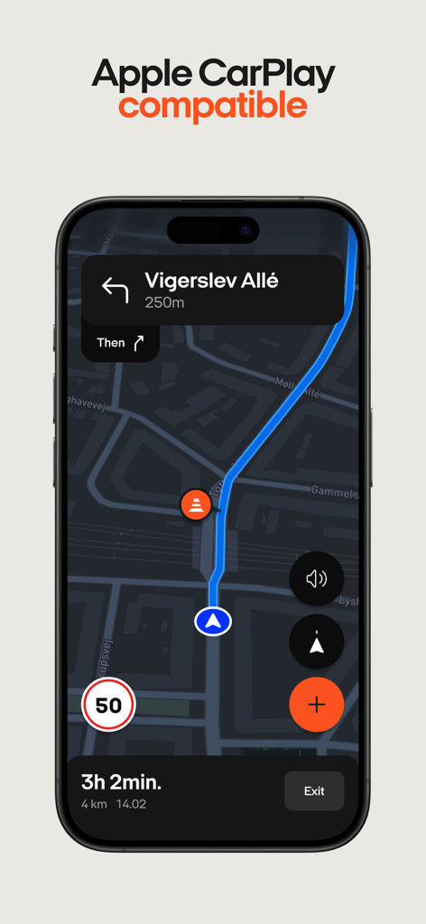 OOONO app navigation screen showing Apple CarPlay compatibility with a dark map and traffic hazard icon