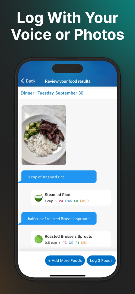 MacrosFirst - Macro Tracker - MacrosFirst app interface showing AI food logging via voice and photo recognition for precise macro tracking