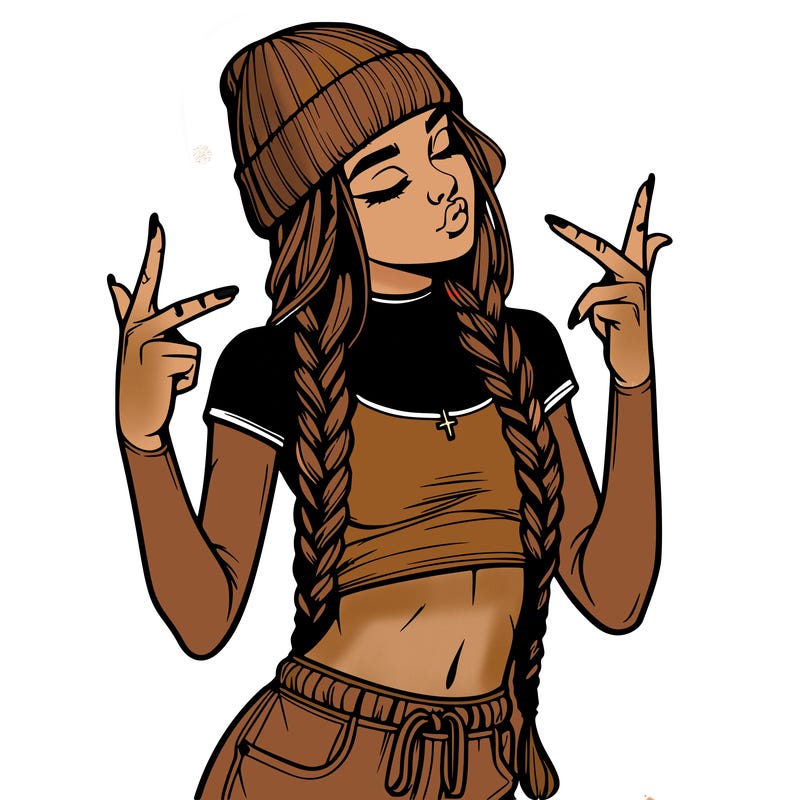 realistic teenage girl with braids and a beanie and crop top doing 🫶🏼