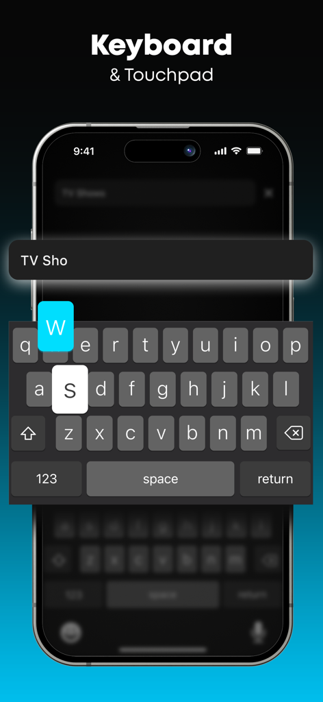 Interface of the Stick TV remote app showing the smart keyboard and touchpad feature for easy text entry on a television.