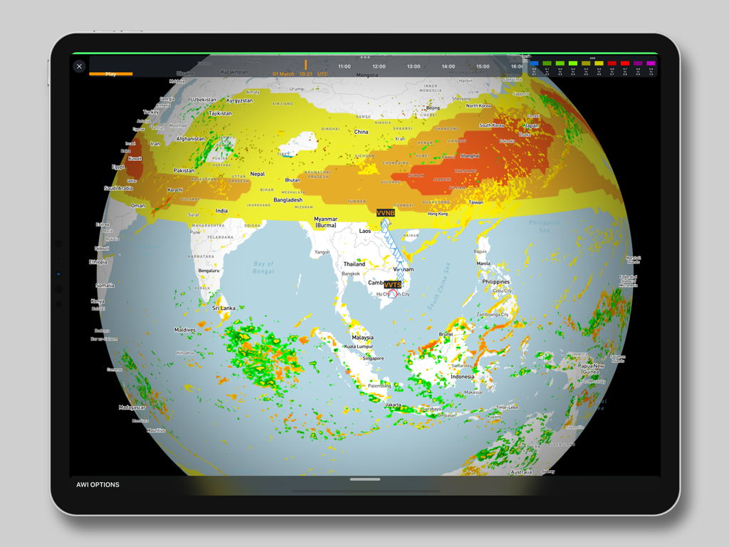 NavOne EFB application on iPad displaying global aviation weather data and flight route navigation.