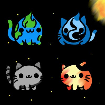 4 cats that represent the different elements, earth, water, air, and fire