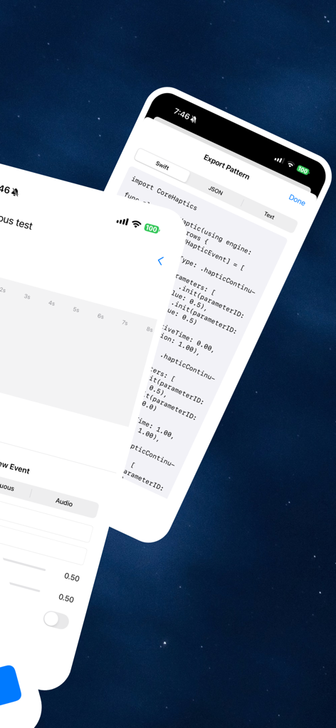 HapticCode - HapticCode app interface displaying haptic pattern export options and Swift code