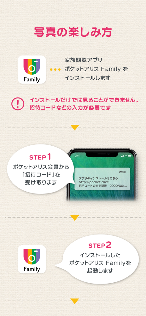 ポケットアリス Family - Step by step instructions in Japanese for setting up the PocketAlice Family app using an invitation code