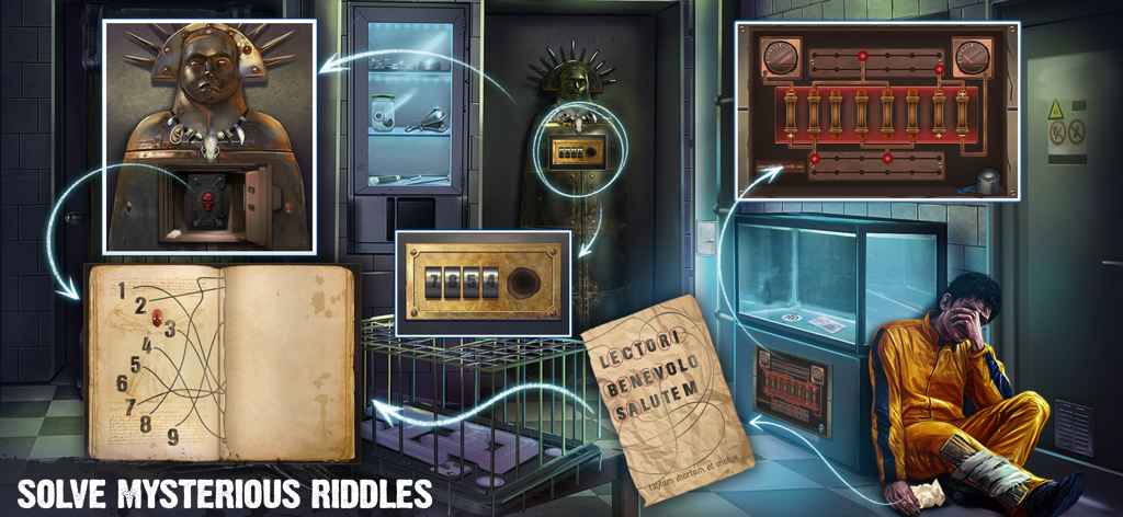 A collection of logic puzzles including a keypad, a mysterious book, and an electrical circuit panel in a dark room.