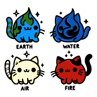 4 cats that represent the different elements, earth, water, air, and fire