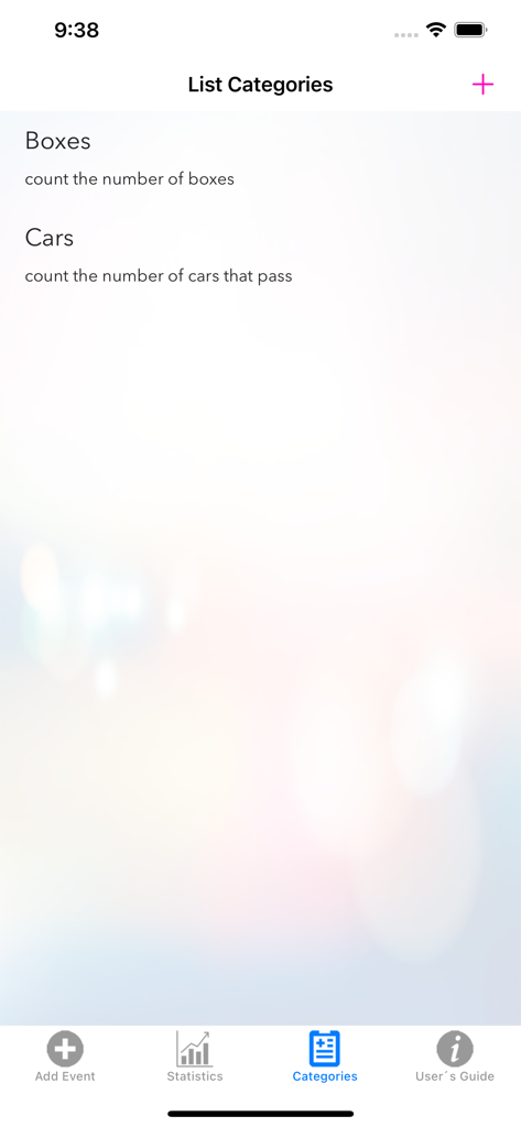 iCounter Daily events counter - User interface of the iCounter app showing a list of custom event categories to track such as boxes and cars.