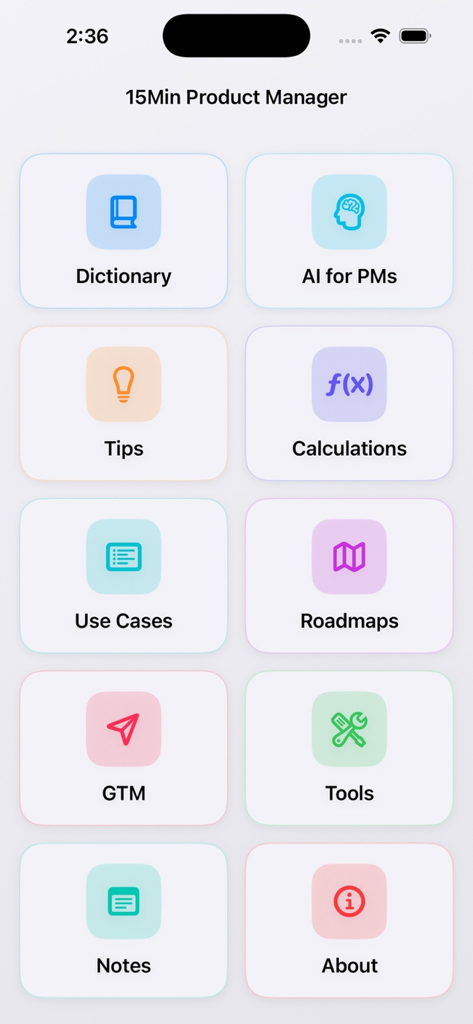 15 Min Product Manager - Main dashboard of the 15 Min Product Manager app featuring a grid of icons for dictionary AI tools roadmaps and GTM strategy