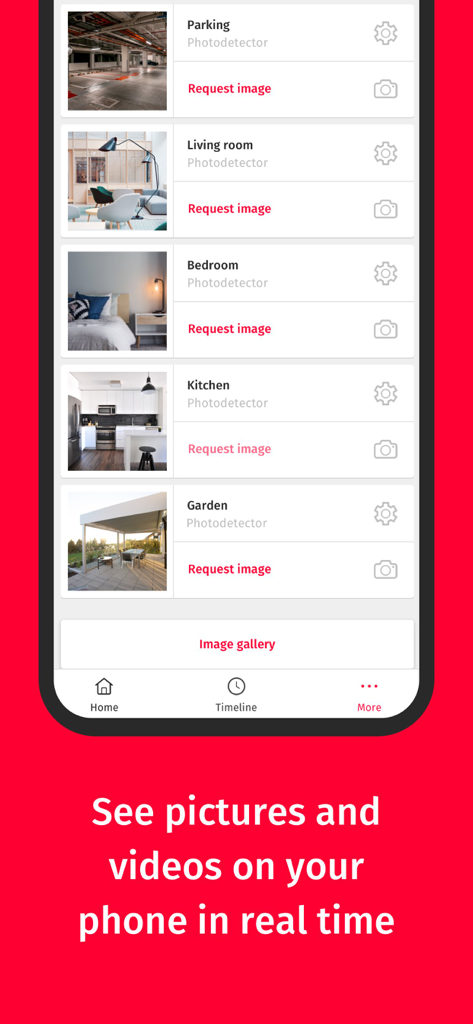 My Verisure - My Verisure app screen displaying a list of photodetectors and live camera feed options for various rooms in a home