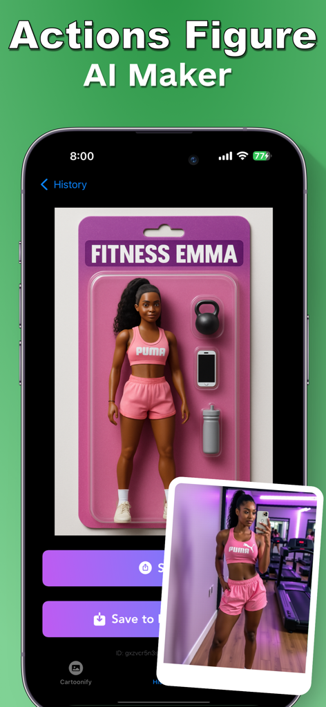 A mobile app interface showing a 3D action figure created from a fitness selfie