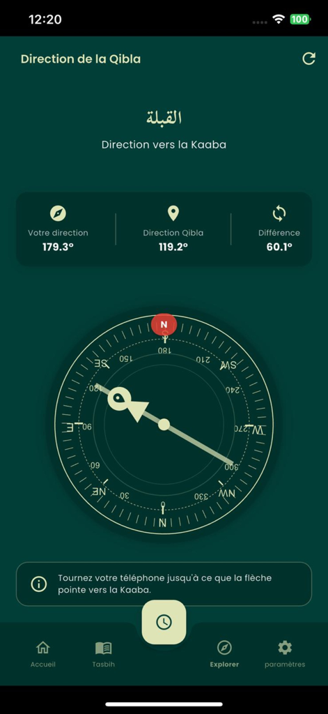 Digital compass interface in the Noor app showing the direction of the Qibla