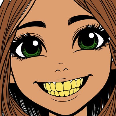 girl who’s smiling with her teeth showing and her eyes open and only showing her face realistic