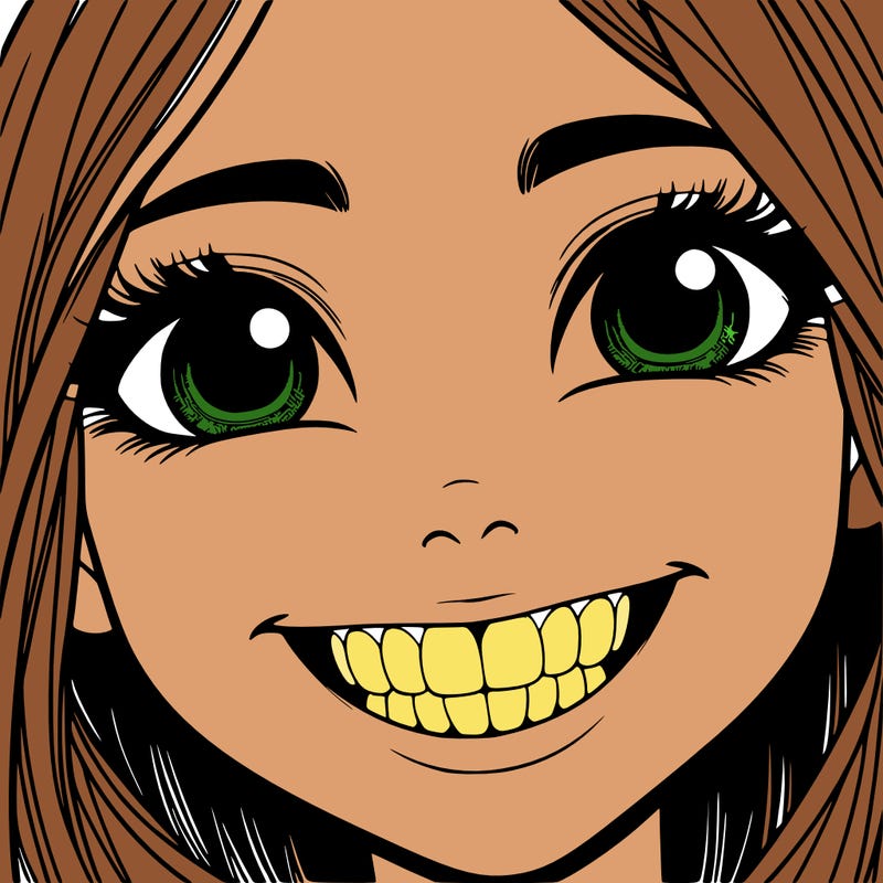 girl who’s smiling with her teeth showing and her eyes open and only showing her face realistic