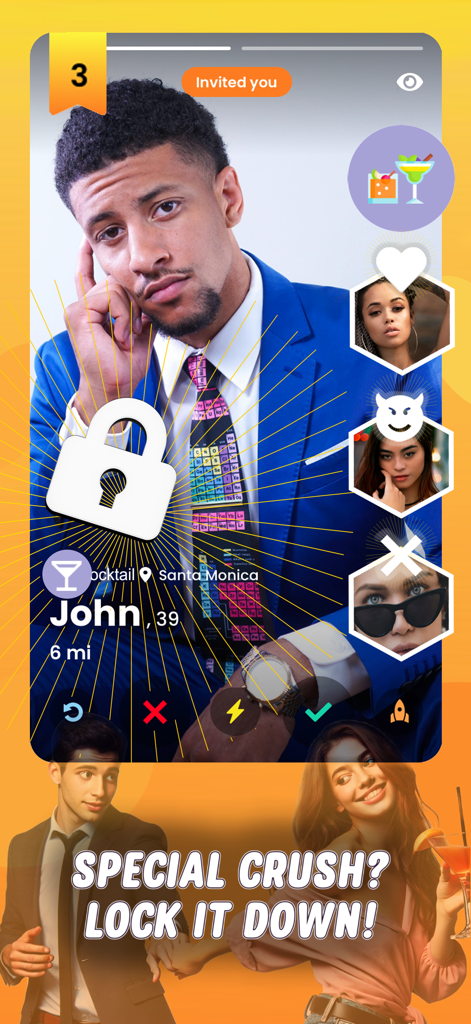 Blender Dating App Meet & Date - A screenshot of the Blender dating app showing a user profile with a large white padlock icon and the text Special Crush Lock It Down