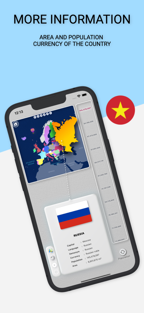 MapGo: Countries of the world - MapGo app screen showing country details like flag population and currency for Russia