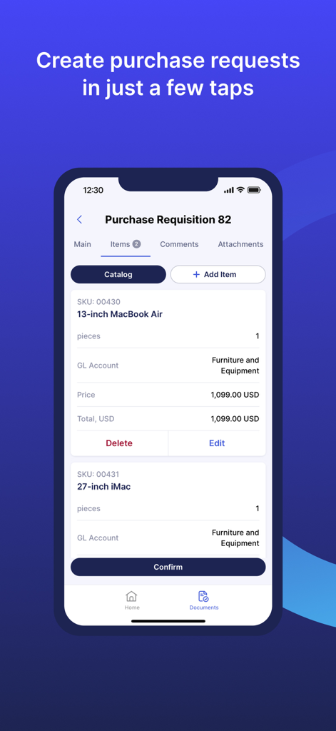 Precoro - Precoro mobile app interface showing a purchase requisition for office equipment.