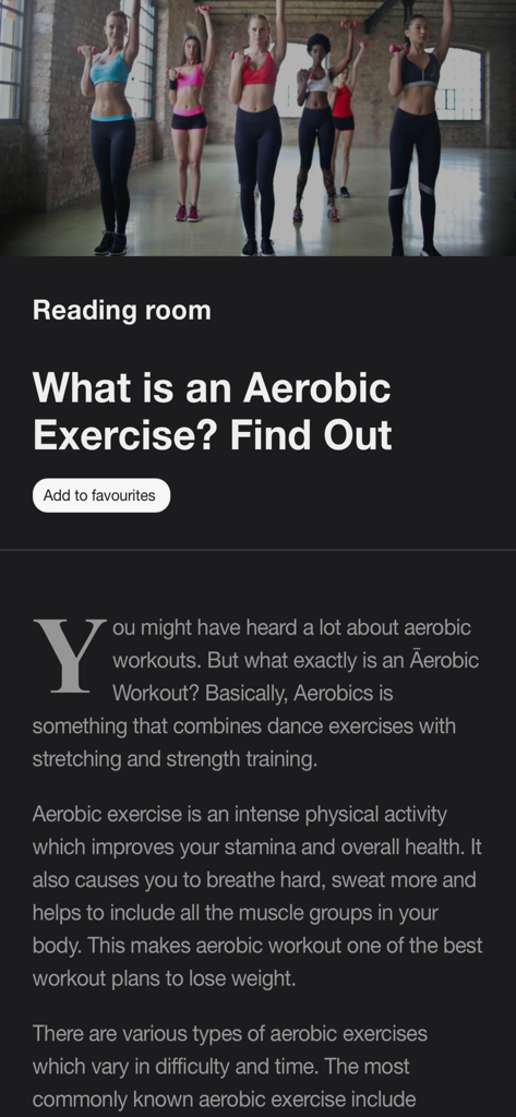 A reading room screen in the Dance Cardio app titled What is an Aerobic Exercise with descriptive text and a photo of women working out.