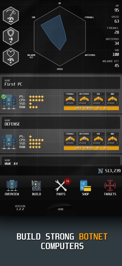 vHack Revolutions: Hacker Game - A screen from vHack Revolutions showing botnet computer upgrades and statistics