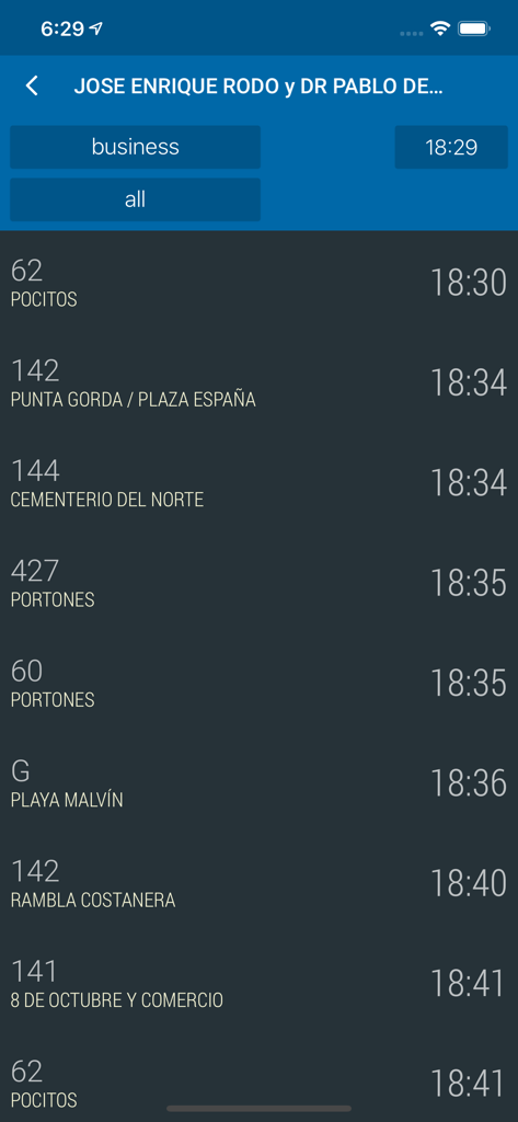 Real time bus schedule list showing upcoming arrivals and destinations in Montevideo