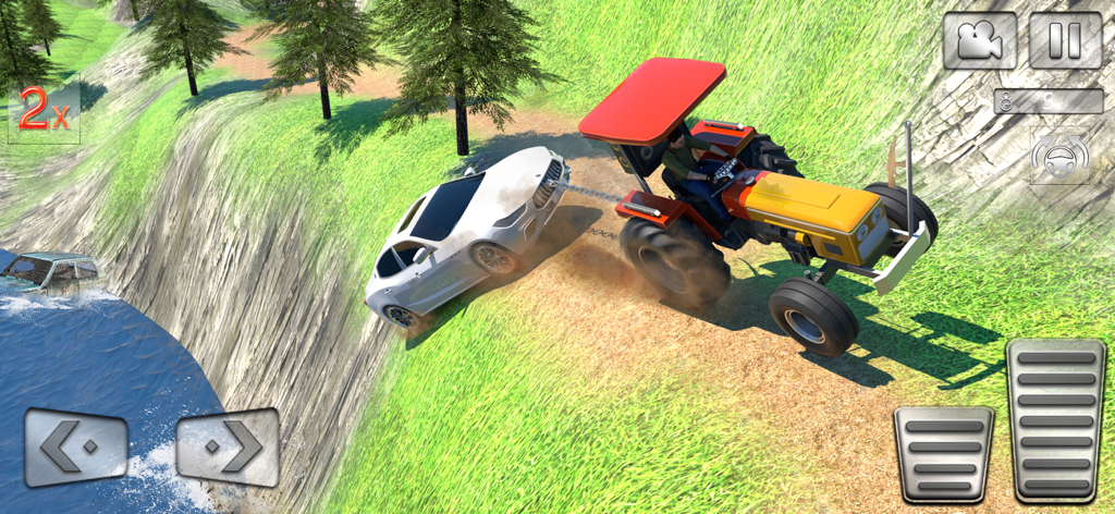 A yellow tractor towing a white car up a grassy hill in a 3D offroad simulation game