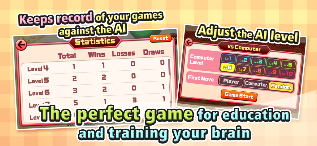 The Mancala - マンカラゲームの統計テーブルとレベル1から10までのAI難易度調整設定を示す2つの画面