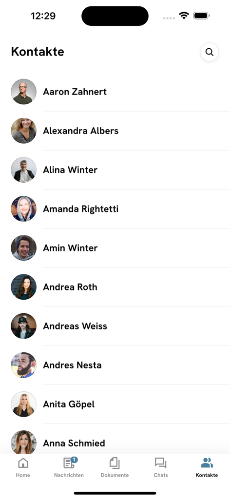 StaffApp - StaffApp mobile screen showing a searchable directory of employee contacts with names and profile pictures