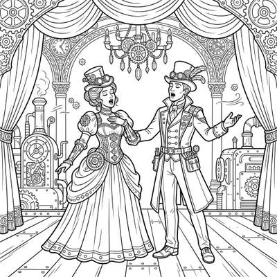 Step into a world where dramatic opera meets intricate steampunk style with this captivating coloring page. Adorned in Victorian-era costumes with mechanical details, these vocalists are ready for your artistic touch.