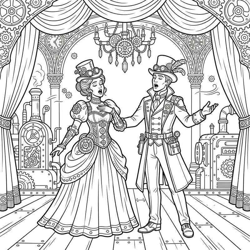 Step into a world where dramatic opera meets intricate steampunk style with this captivating coloring page. Adorned in Victorian-era costumes with mechanical details, these vocalists are ready for your artistic touch.