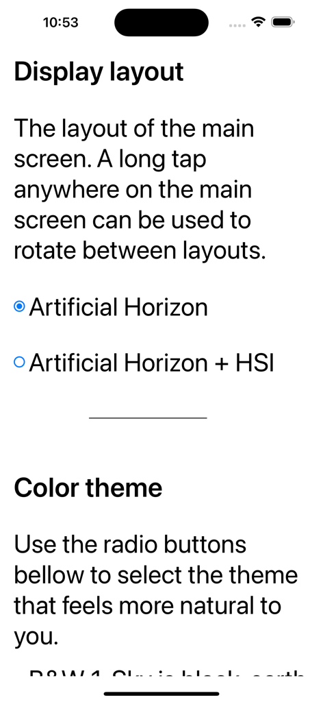 A-EFIS Black and White - Pantalla de configuración para A-EFIS Blanco y Negro que muestra el diseño de la pantalla y las opciones de tema de color