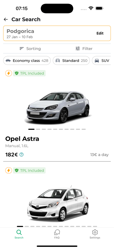Localrent rent a car - Localrent 모바일 앱, Podgorica 렌터카 검색 결과, Opel Astra 및 가격 세부 정보 표시