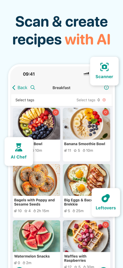 CookBook - Recipe Keeper - Screenshot der CookBook App zeigt eine Sammlung von Frühstücksrezepten mit KI-Scanning und KI-Kochfunktionen.