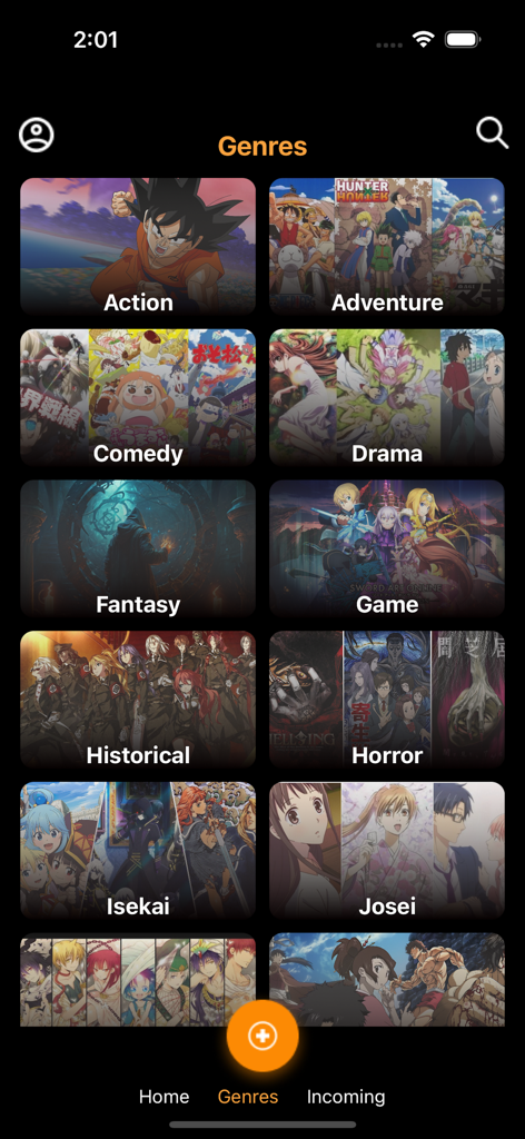Manga Reader mangatoon geek - Manga reader app interface showing a list of genres like action adventure and fantasy with anime artwork