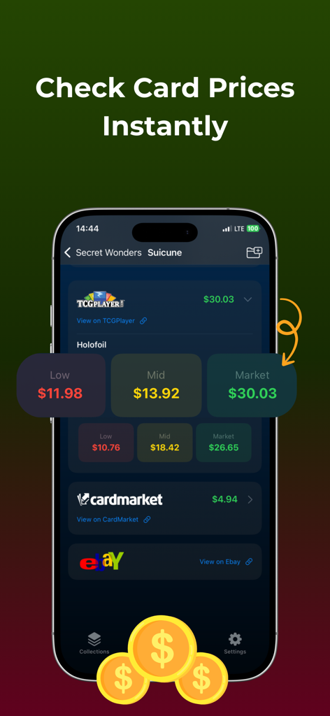 TCG Card Scanner & Collector - iPhone app screen displaying real-time market prices for a collectible card from multiple sources like TCGPlayer and eBay