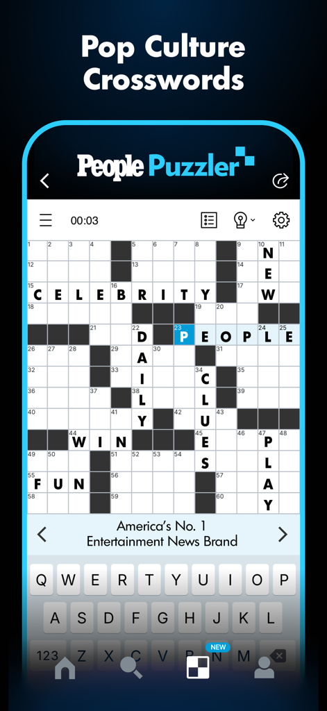 PEOPLE: Pop Culture & Puzzles - A pop culture crossword puzzle interface within the PEOPLE app featuring celebrity themed clues.