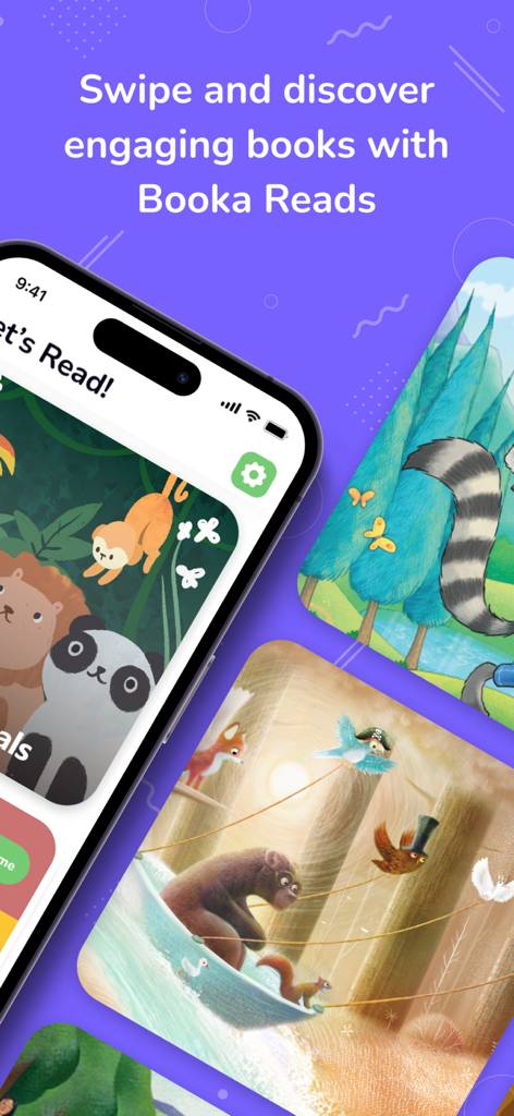 Booka: Kids' Books and Stories - A smartphone screen showing the Booka app interface with colorful children's book illustrations and a swipe to discover feature.
